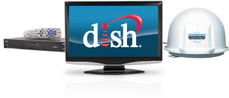 Diagram showing a portable Winegard antenna connected to a DISH Network set-top box, and the set-top box connected to a flat screen TV