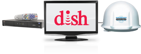 Diagram showing a portable Winegard antenna connected to a DISH set-top box, and the set-top box connected to a flat screen TV